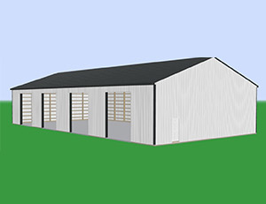 Commercial white pole barn with four main entrances and a small door