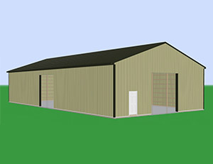 Large ivory pole barn with two main entrances and a small door