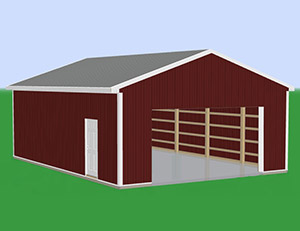 Small dark red pole barn with one main entrance and a small door