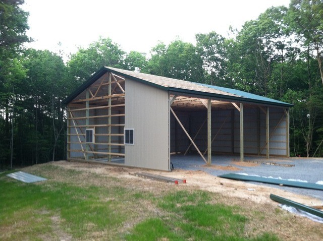 A DIY commercial pole barn under construction