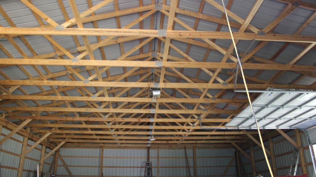 DIY Pole Barn kit showing off the pole barn trusses above