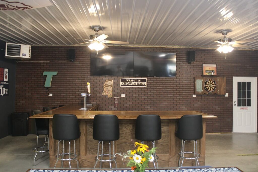 A mancave built in a DIY Pole Barn kit